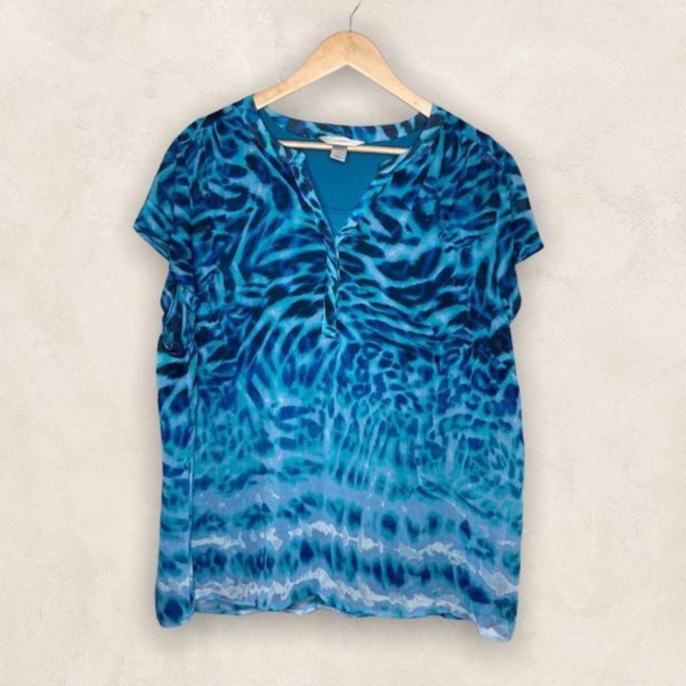 CJ Banks 1X Turquoise‎ Blue Leopard Watercolor Chiffon V-Neck Blouse Top Plus